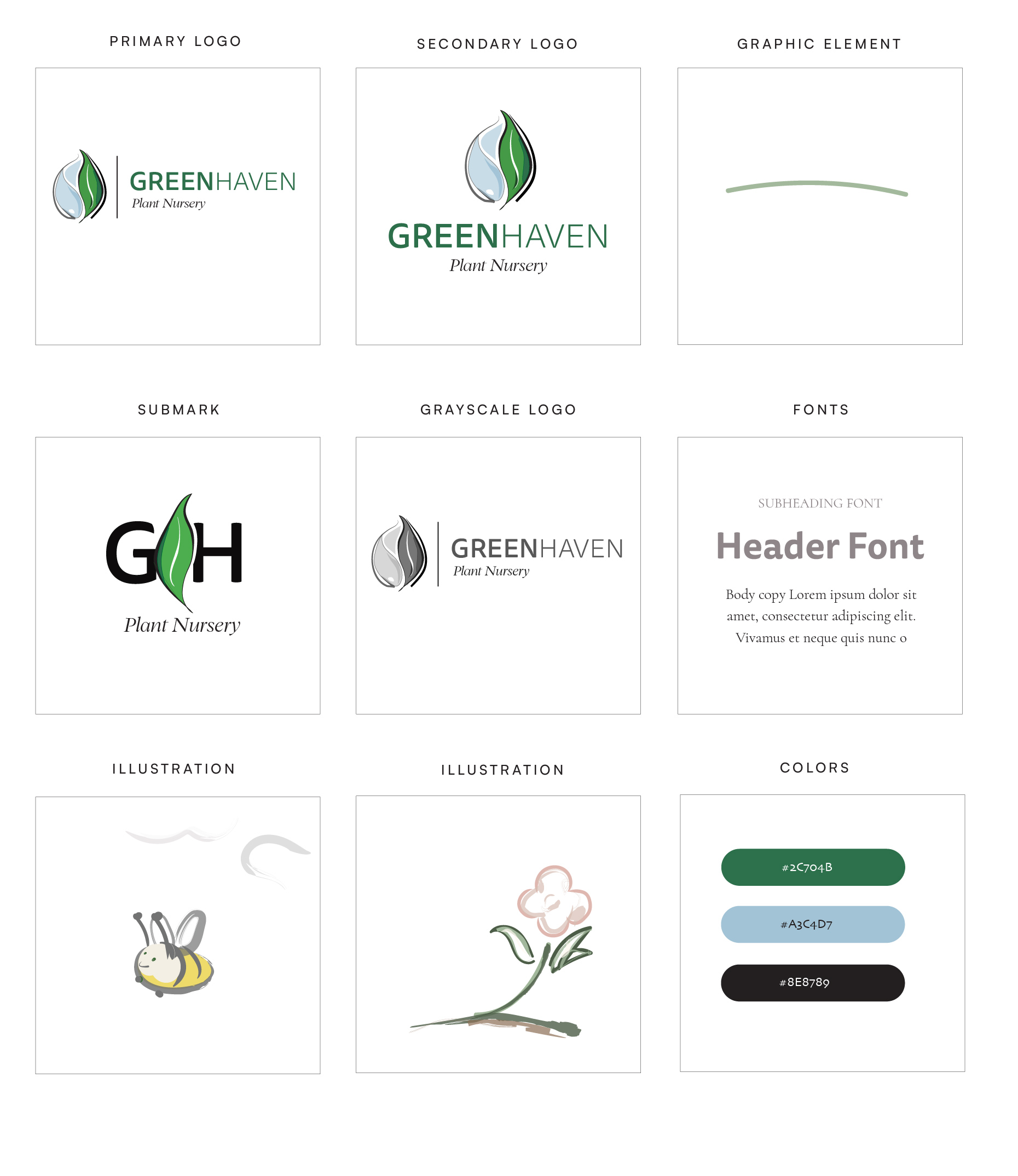 Plant nursery brand board featuring hand-drawn elements, nature-inspired illustrations, modern font choices, and a clean color palette evoking natural beauty.